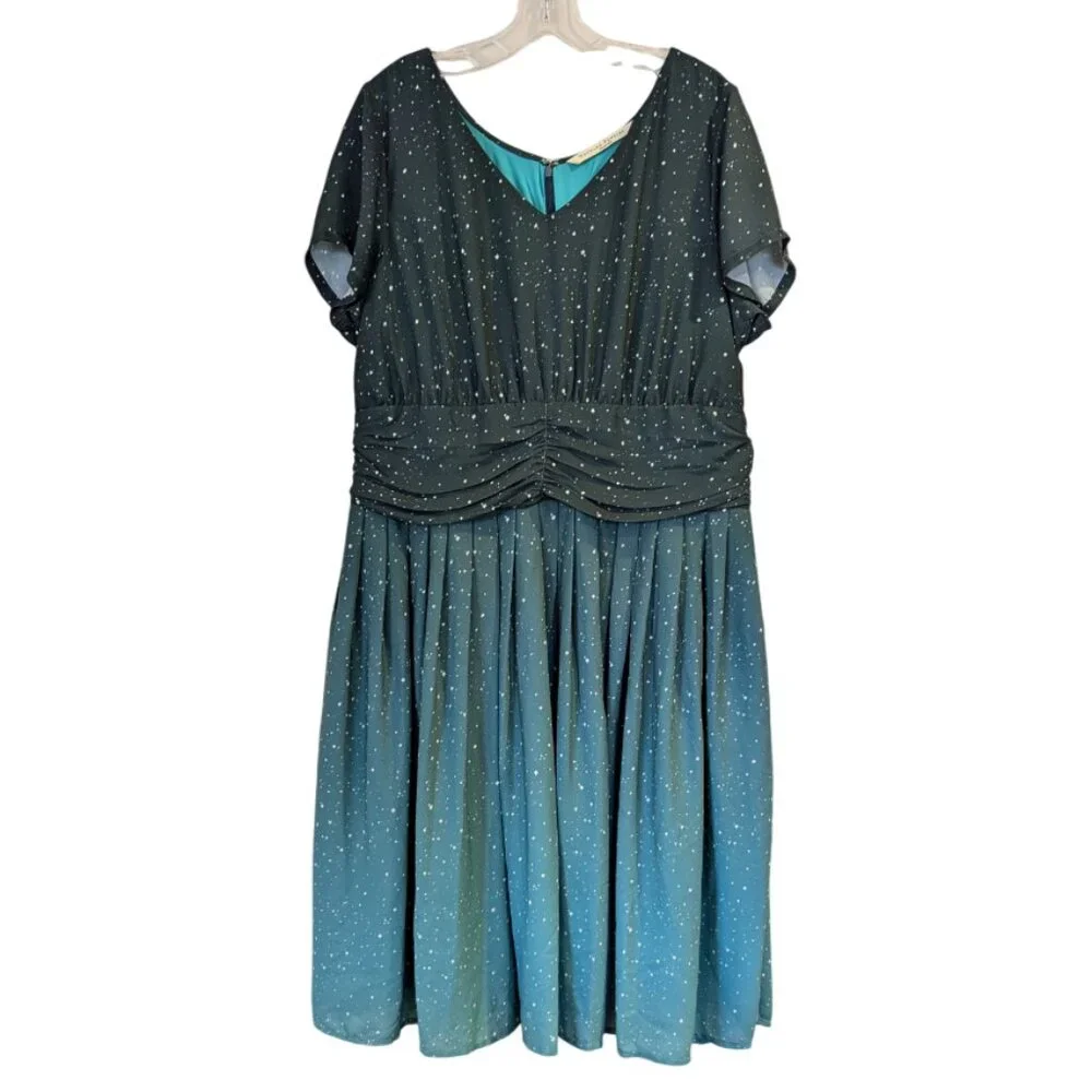 ESHAKTI Wayward Fancies Ombre Star Print Dress 1X-18W Crepe Pleated Empire Waist - Picture 2 of 11